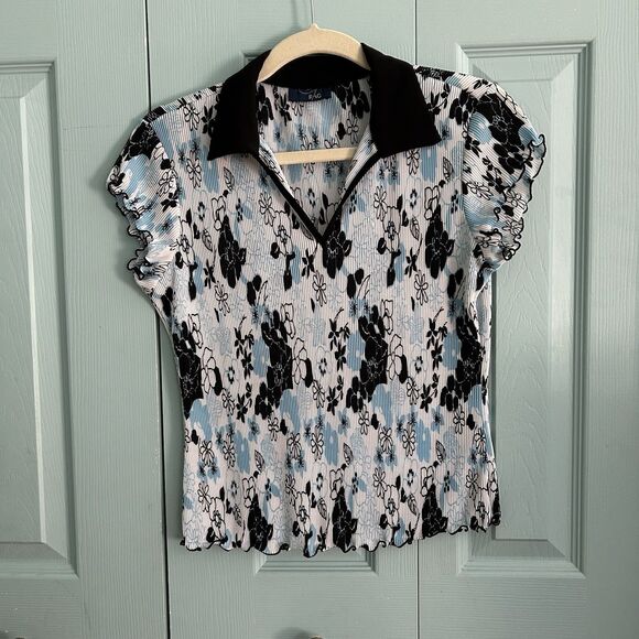 Y2K Womens Floral Crinkle Lettuce Trim Collared Top Med V-Neck Vintage Retro - Picture 1 of 8